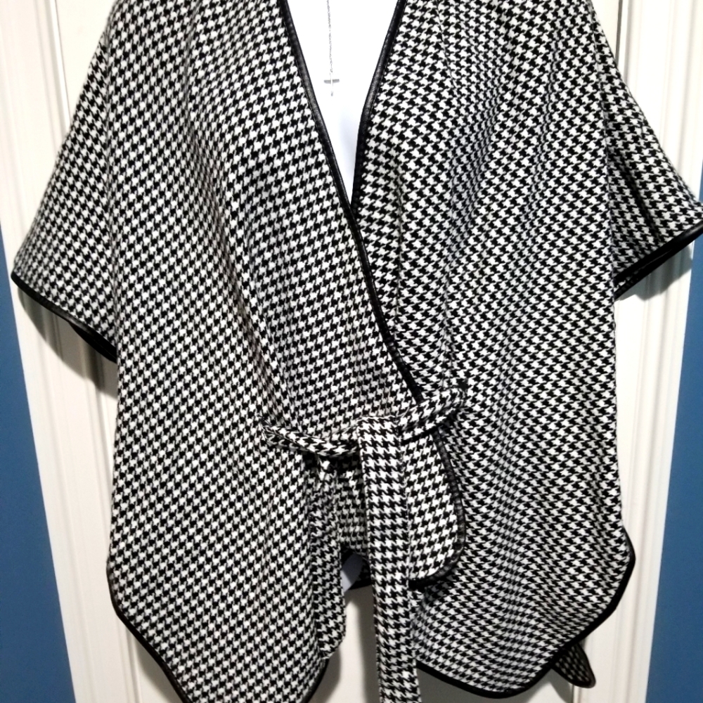 Woman's plus size poncho, wrap around, sweater, acrylic, black & white check.